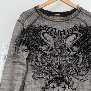 Affliction Reversible Thermal Shirt Mens Large Waffle Knit long Sleeve Y2K Wings